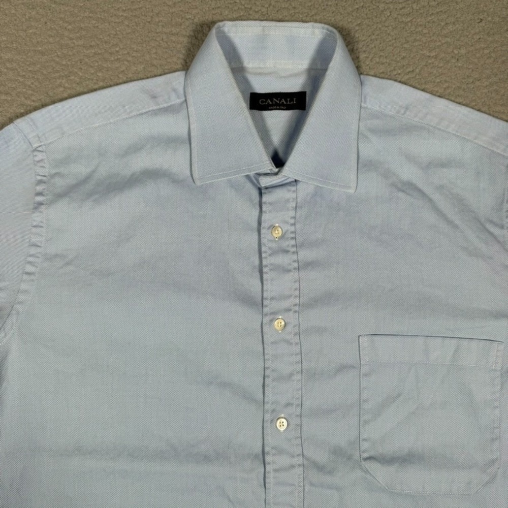 Canali Shirt Mens XL Blue Button Up Dress 100% Cotton Casual Preppy Pocket Italy